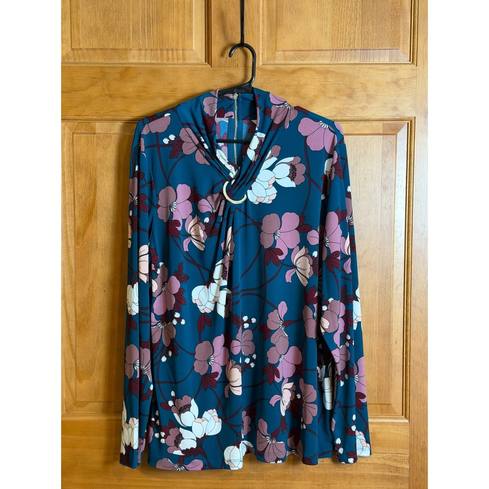 NWT Liz Claiborne Teal Floral Long Sleeve Blouse Gold Ring Neck XL